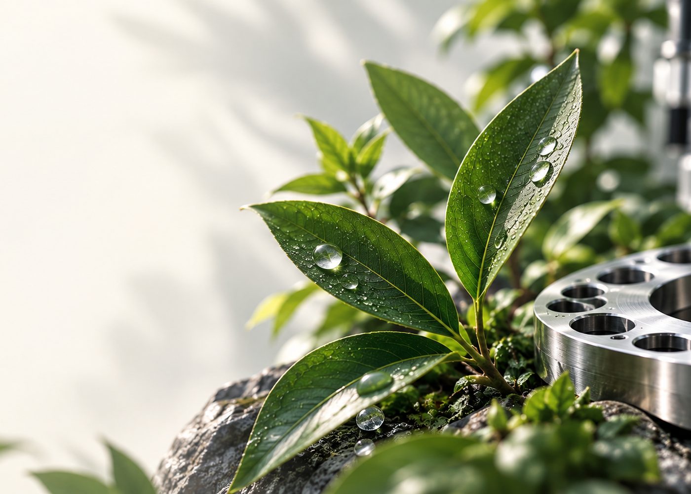 Australian botanical foliage beside a precision-machined engineering component