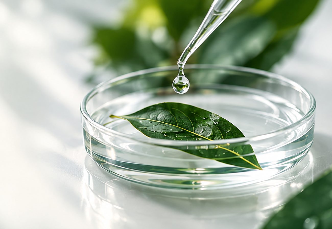 A pipette releasing a droplet over a leaf in a glass petri dish
