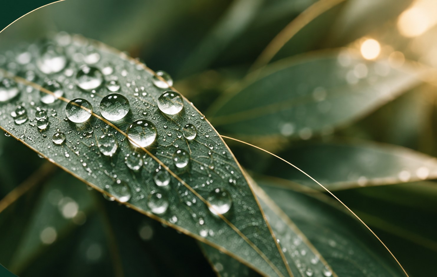 Dew drops resting on a eucalyptus leaf at first light