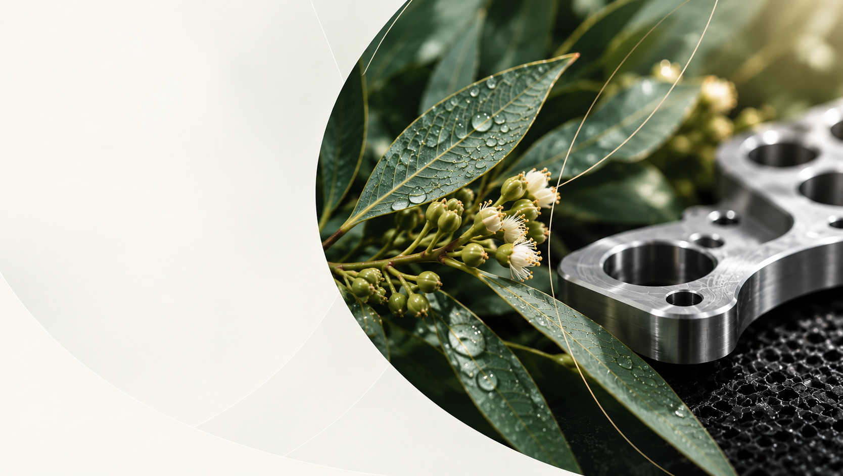 Eucalyptus leaves and blossom resting beside a precision-machined component